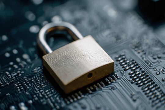 Golden padlock resting on a dark blue computer circuit board macro shot illustrating cybersecurity and data protection