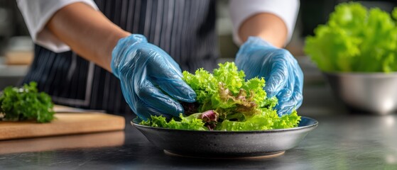 Professional chef preparing fresh salad with blue gloves in commercial kitchen close up food safety and hygiene concept