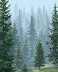 Dense forest of evergreen trees shrouded in morning mist landscape view of a coniferous woodland scenic nature background