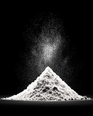 White Powder Pile with Dust Cloud Against Black Background Studio Shot Low Angle View Abstract Concept