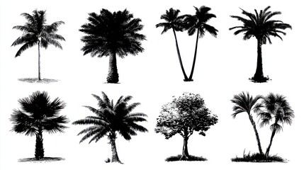 Collection of Palm Trees and Broadleaf Tree Silhouettes in Black and White Ink Drawing Style Isolated on White Background