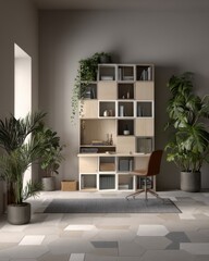 Interior design showcasing modular shelving unit with plants and chair in a modern home office setting studio shot