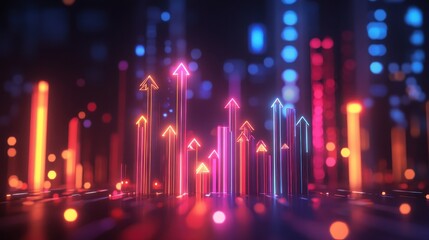 Business growth chart, futuristic glowing bars and arrows, 3D illustration.