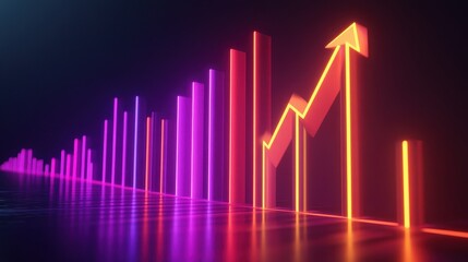 Business growth chart, futuristic glowing bars and arrows, 3D illustration.