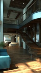 Interior view of modern luxury home with wooden staircase and contemporary furniture in open floor plan design