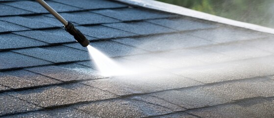 Close Up of Pressure Washing Asphalt Shingle Roof for Home Maintenance and Cleaning Services in Residential Area