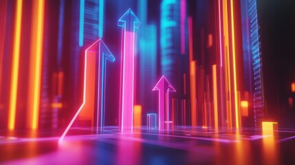 Fototapeta premium Business growth chart, futuristic glowing bars and arrows, 3D illustration.