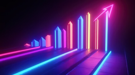 Business growth chart, futuristic glowing bars and arrows, 3D illustration.