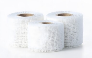 Three Rolls White Mesh Fabric Bandage Rolls Close Up