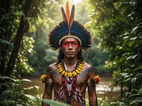 Thoughtful Brazilian indigenous man in the Amazon rainforest, wearing traditional clothing, soft natural light, and a contemplative expression.
