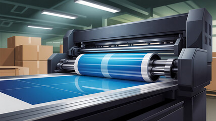 A modern large-format printer in an office setting prints colorful poster paper with sharp focus and vibrant colors. Large format printing machine in operation. Industry, created with generative ai