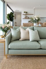 Fototapeta premium Interior Design of Light Green Sofa with Pillows in Modern Living Room with Floral Arrangements and Natural Light