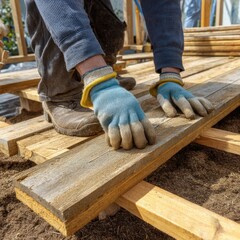 Close up of carpenter installing wooden planks for deck construction on sunny day outdoors low angle view