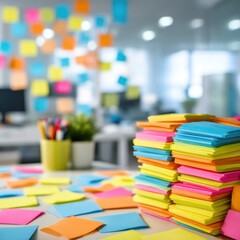 Close-up of Colorful Sticky Notes on Desk in Modern Office for Brainstorming and Planning; Eye-Level Shot