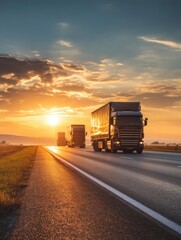 Trucks driving on highway during sunset golden hour dramatic sky perspective view logistics transportation