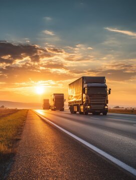 Trucks driving on highway during sunset golden hour dramatic sky perspective view logistics transportation