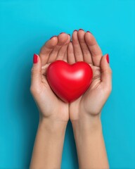 Fototapeta premium Woman's hands holding red heart on blue background overhead shot conveying love care health donation charity