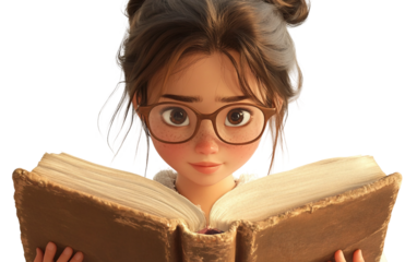 Young girl with glasses reading a large book showing curiosity and focus isolated on white background PNG