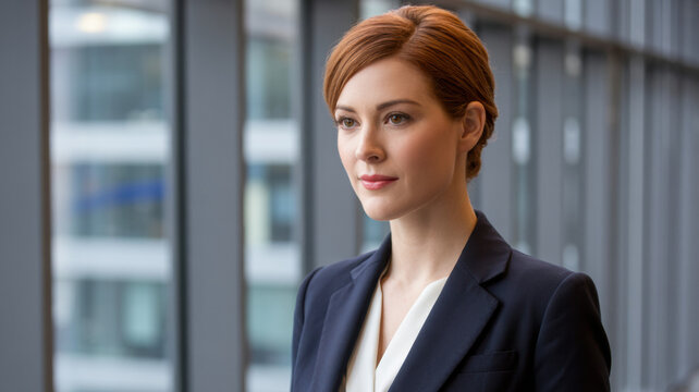 Businesswoman in office lobby, soft light, modern backdrop, conveying professionalism and focus.
