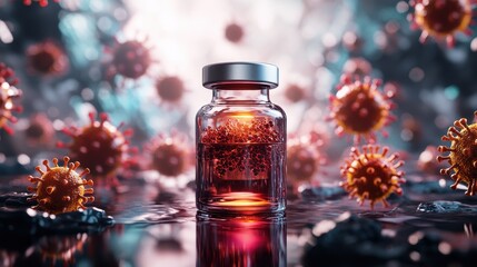 Conceptual vaccine bottle surrounded by attacking virus particles, covid, immunization resistance. 