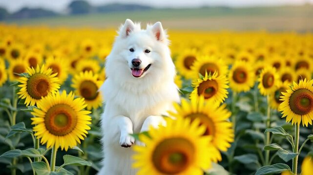 Happy white Samoyed dog standing on hind legs in sunflower field  