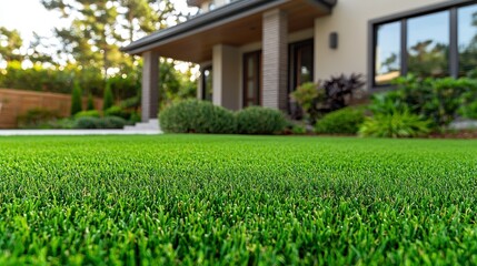 Lush lawn leads to modern house, blurred background