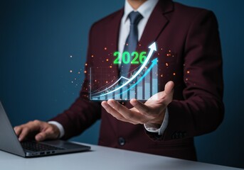 Growth and development chart of company in new year 2026. Planning,opportunity, challenge and business strategy in new year 2026.Development to success and motivation in 2026.