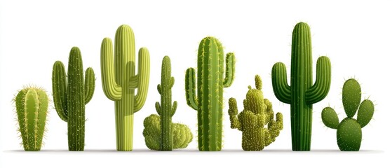 Array of Green Cacti Plants on White Background Studio Shot Desert Flora Botanical Illustration