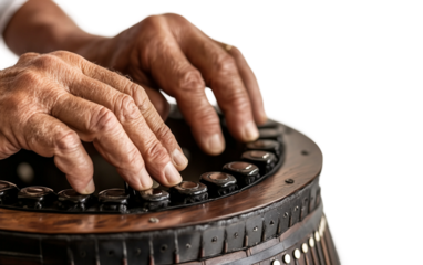 Accordion player actively pressing side buttons on a vintage folk instrument showcasing the authentic technique and musical expression isolated on white background PNG