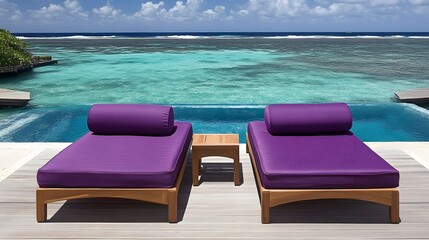 Fototapeta premium Luxury Purple Chaise Lounges by Pool Ocean View