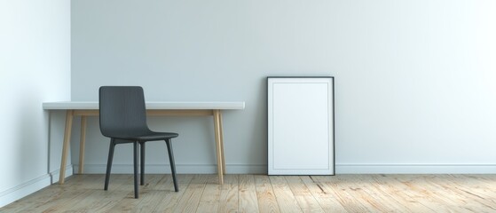 Minimalist Home Office Interior with Desk Chair and Blank Frame Mockup on Wood Floor Low Angle