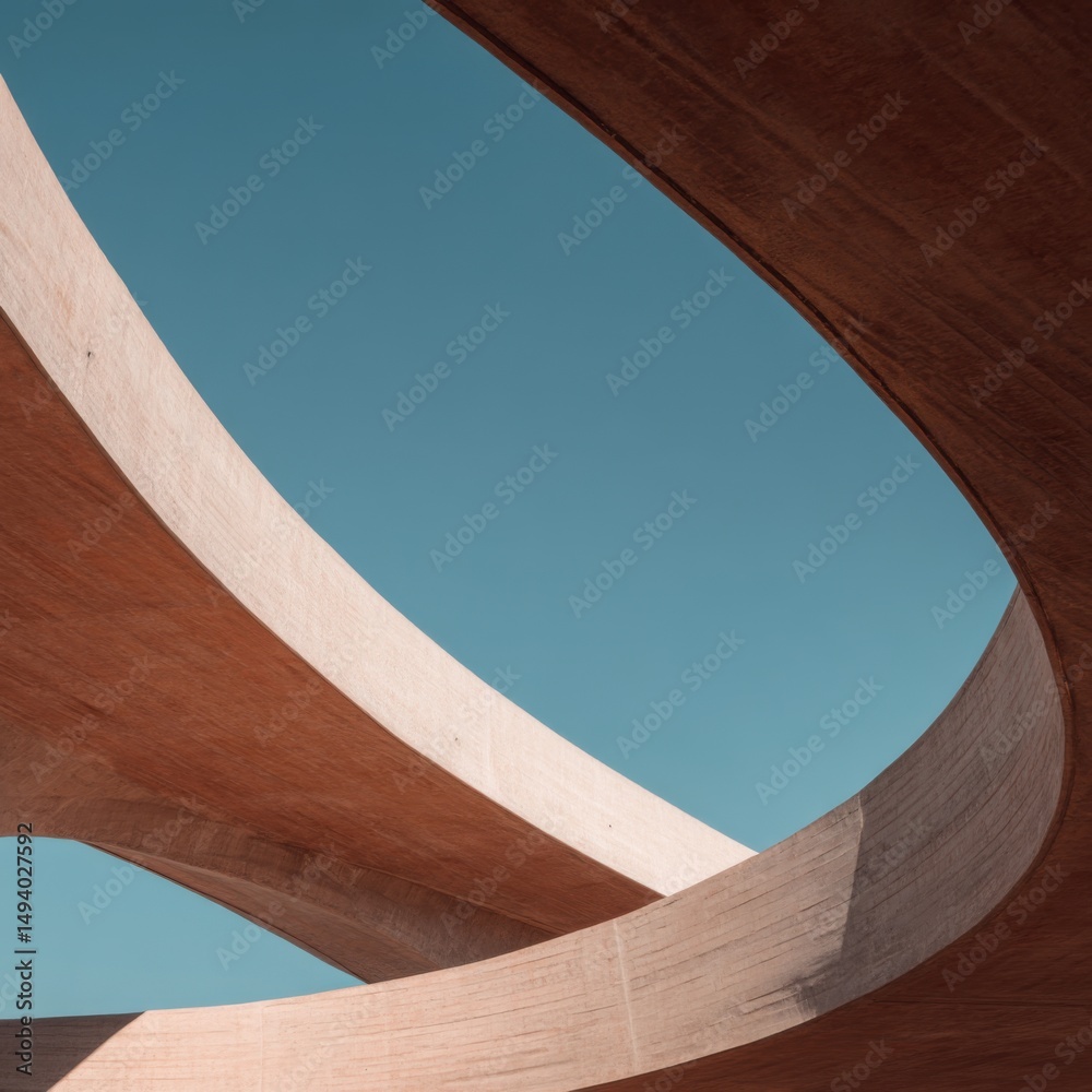 Poster Abstract architectural curves converge against a clear blue sky creating a mesmerizing visual perspective from below