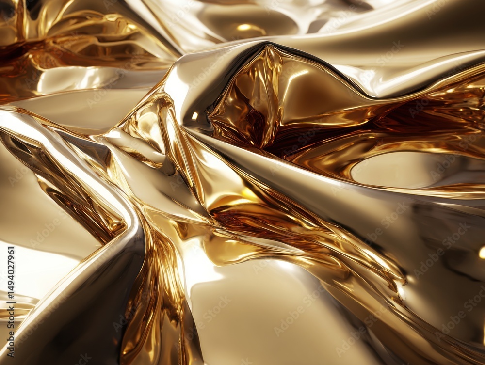 Poster Abstract close up of golden fabric with smooth folds and reflective surface in studio shot for luxury background