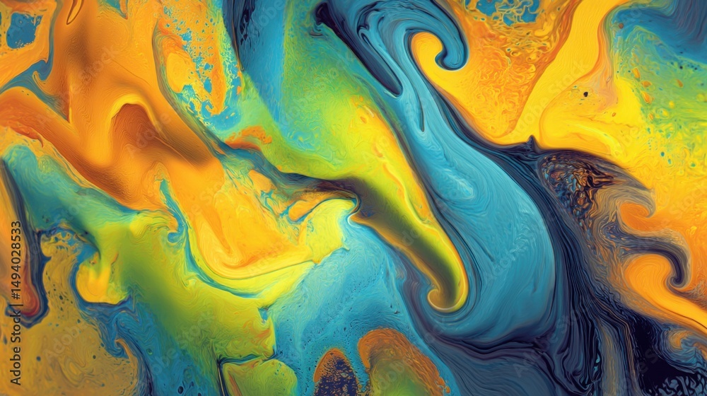 Fototapete abstract fluid art with yellow blue and green colors creating swirling patterns in a macro shot