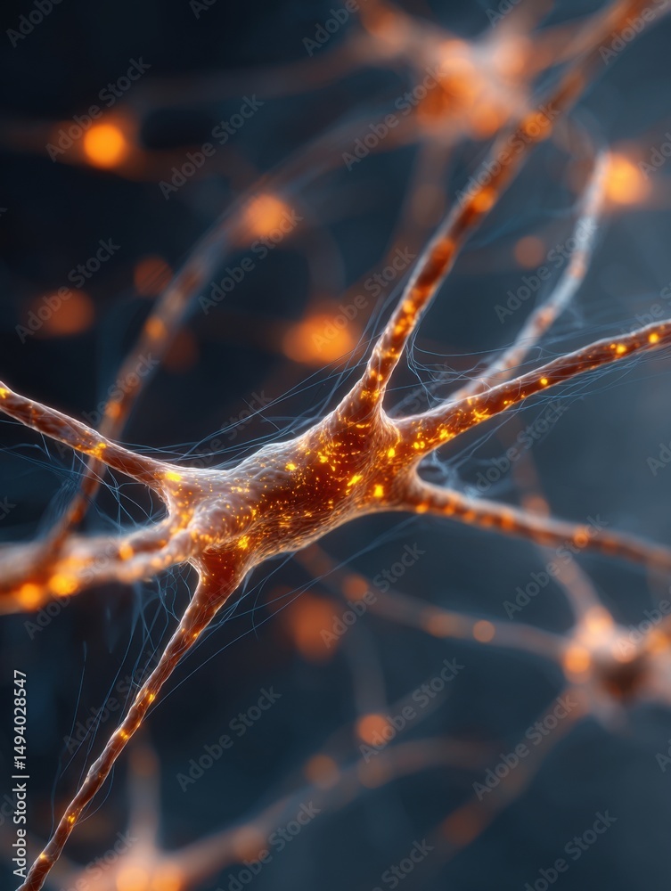 Poster Neuron cell body with dendrites firing signals close up microscopic view science and medicine concept