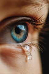 Extreme close up of blue eye with tear falling in studio light depicting sadness and emotion in a conceptual way