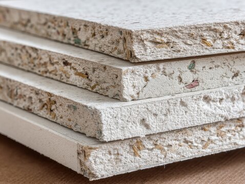 Close up stack of gypsum fiberboards showing texture and composition for construction and interior design projects
