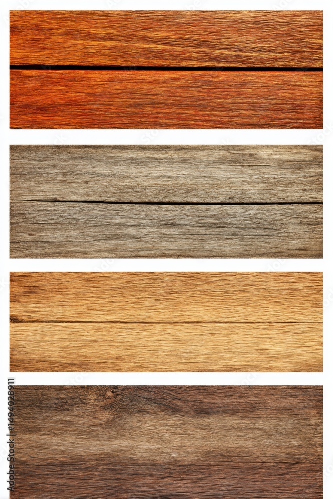 Poster Four Different Wood Textures Stacked Vertically Close Up Timber Background Rustic Natural Material