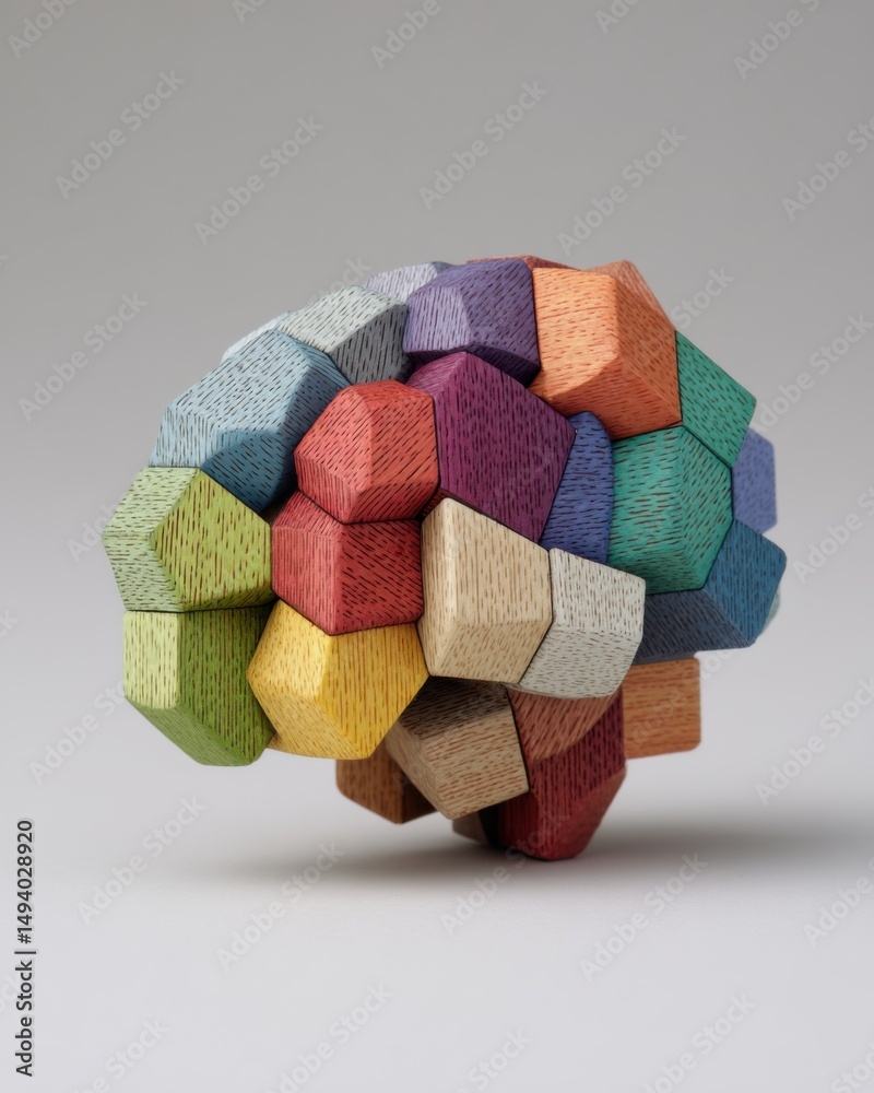 Poster Wooden Brain Model Displayed on White Backdrop in Studio Setting Symbolizing Intelligence and Creativity