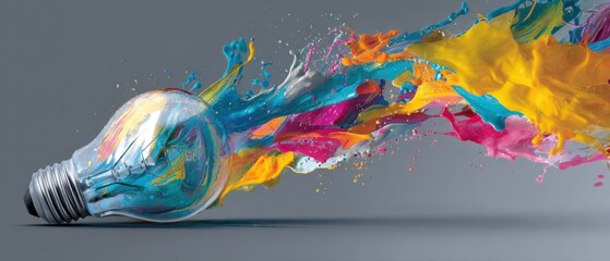 Lightbulb bursting with vibrant paint colors representing creative ideas and innovation in a studio setting with a gray background