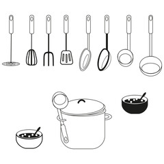 Full kitchen kit. Tools with pot. Soup bowl included. Black and white layout.