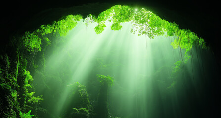 Obraz premium Sunlight filtering through lush green cave, serene atmosphere, natural environment, copy space