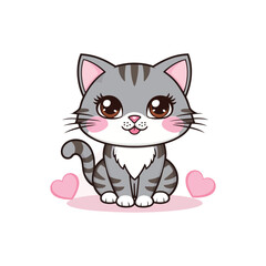 Cute Cartoon Vector of a Gray Cat with Big Brown Eyes and Pink Cheeks Surrounded by Love Hearts