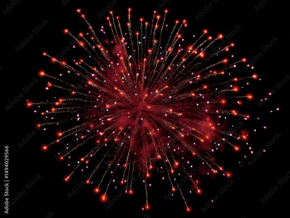 Poster vibrant red fireworks exploding against a black sky celebrating a holiday event from a low angle vie