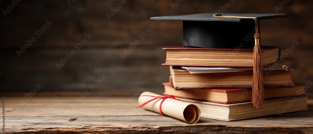 Aufkleber graduation cap on stack of old books with diploma scroll on rustic wooden surface still life