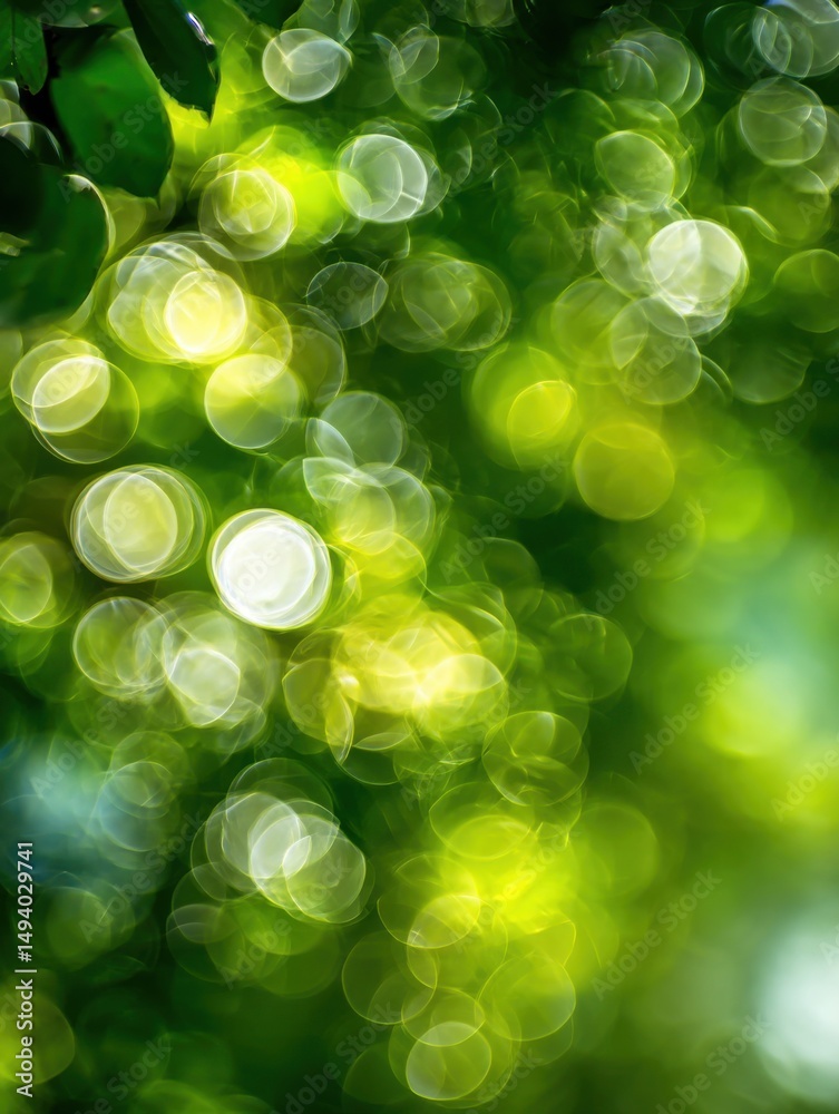 Poster abstract green bokeh background of sunlight through leaves in a forest, soft focus, nature photograp