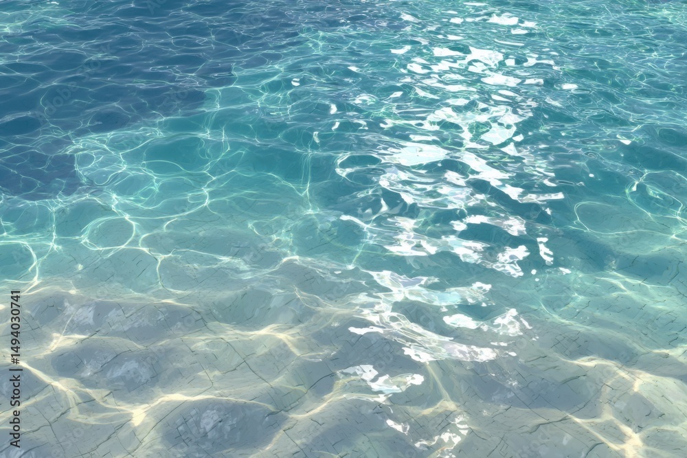 Poster Abstract turquoise water surface sparkles in sunlight with light refraction patterns and sandy bottom texture nature scene