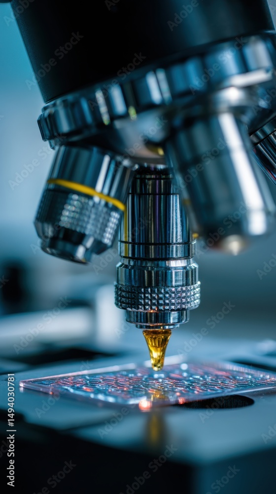 Aufkleber close-up of microscope examining sample for scientific research in laboratory setting with blue ligh