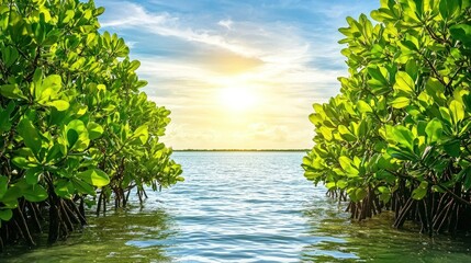 Mangrove trees frame sunny sky over calm ocean waters