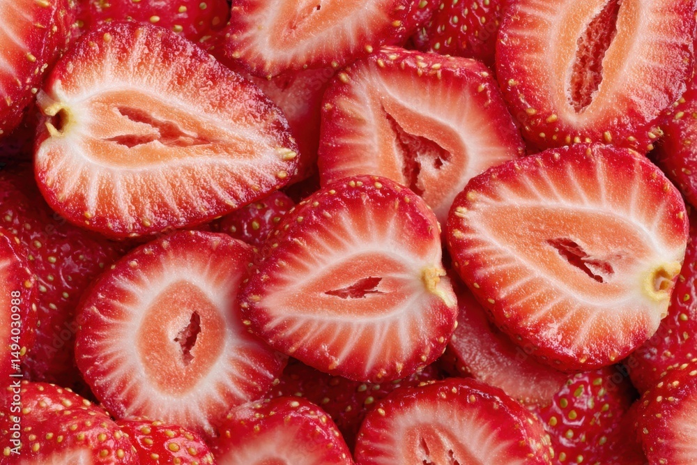 Poster close-up of freshly cut strawberries displaying juicy interior texture and vibrant red color in a st